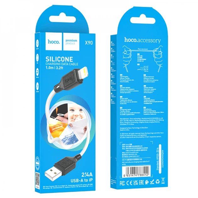 Кабель HOCO X90 Cool silicone charging data cable USB to Lightning 2.4A 1m White (6931474788412) - Фото 4 Кабель HOCO X90 Cool silicone charging data cable USB to Lightning 2.4A 1m White (6931474788412) - зображення 4