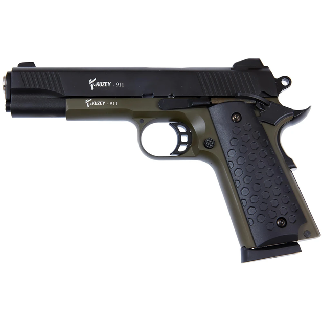 Стартовый пистолет Kuzey 911 black/haki, чёрные ручки, с магазином (Colt 1911) - Фото 1 Стартовый пистолет Kuzey 911 black/haki, чёрные ручки, с магазином (Colt 1911) - изображение 1