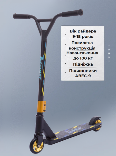 Самокат трюковий з алюмінієвими дисками SP-Sport D01-A (алюміній, колеса-PU, d-10см, р-р платф. 10*48см, чорний з золотим) - Фото 2 Самокат трюковий з алюмінієвими дисками SP-Sport D01-A (алюміній, колеса-PU, d-10см, р-р платф. 10*48см, чорний з золотим) - изображение 2