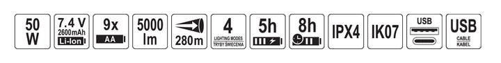 Latarka LED akumulatorowa YATO 50 W, 5000/2500/500 Lm (YT-085607) - obraz 12