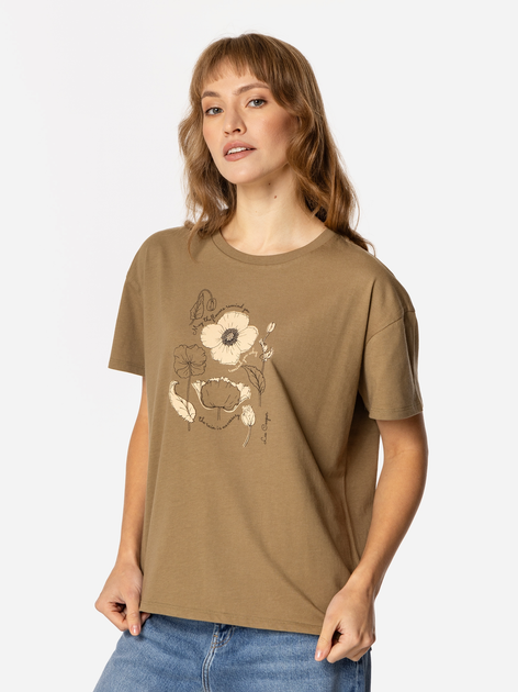 T-shirt damski z nadrukiem bawełniany Lee Cooper Flowers7-1145 S Khaki (5905991729044) - obraz 1