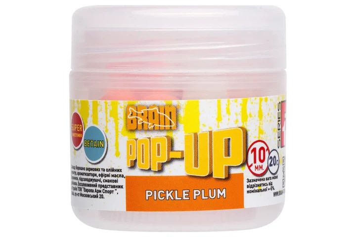 Бойли Brain Pop-Up F1 Pickle Plum (слива з часником) 10мм/20г (8101001011) - Фото 1 Бойли Brain Pop-Up F1 Pickle Plum (слива з часником) 10мм/20г (8101001011) - зображення 1