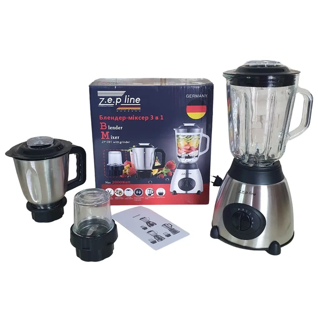 Блендер стаціонарний Zepline 2000W скляна чаша 1.5л подрібнювач 1.2л - зображення 2