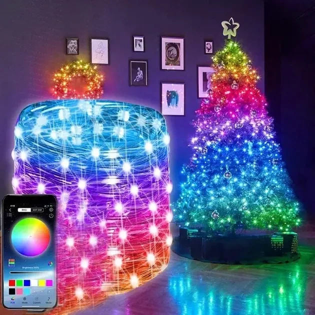 Світлодіодна розумна гірлянда Смарт LED 20м RGB 200 LED з Bluetooth для ялинки від USB довжина 20м управління через додаток - зображення 3