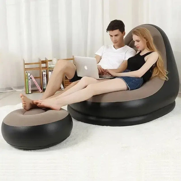 Надувной диван с пуфом Air Sofa / Надувное велюровое кресло с пуфиком Черный, Серый - изображение 9