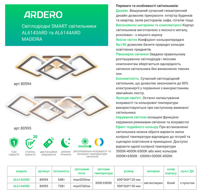 Люстра MADEIRA 54Вт AL6143 ARD біла Ardero 3000К-6500К 4320Lm LED стельова cвітлодіодна з пультом ДУ 600х260х120мм ромби - зображення 7