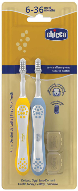 Зубна щітка для дітей Chicco First Milk Teeth Indigo 6-36 міс Блакитна Жовта 2 шт (8058664174713) - зображення 1