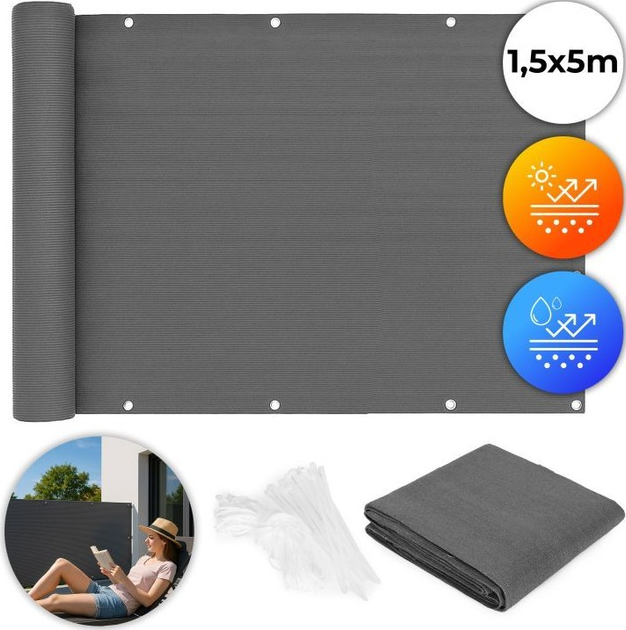 Osłona balkonowa ModernHome by Multistore z okuciami 150 x 500 cm siatka cieniująca + elementy instalacyjne szara (BP-203 GREY) - obraz 2