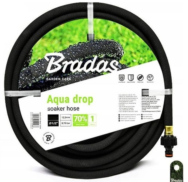 Шланг для поливу, що сочиться з фітингами 1/2" Aqua Drop краплинний, що потіє, Bradas 15 метрів бухта - Фото 1 Шланг для поливу, що сочиться з фітингами 1/2" Aqua Drop краплинний, що потіє, Bradas 15 метрів бухта - зображення 1