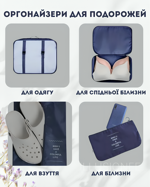Органайзер 8 в 1 для одежды, обуви, белья, аксессуаров, ремней для путешействий, поездок, в чемодан, ручную кладь, шкаф, комод, синий 3DTOYSLAMP - изображение 6
