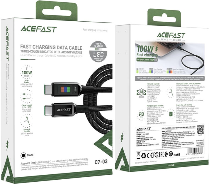 Кабель Acefast C7-03 Type-C to Type-C 5A, 100W, 1.2 м, nylon, zinc connectors, LED, Black (6974316282778) - зображення 4