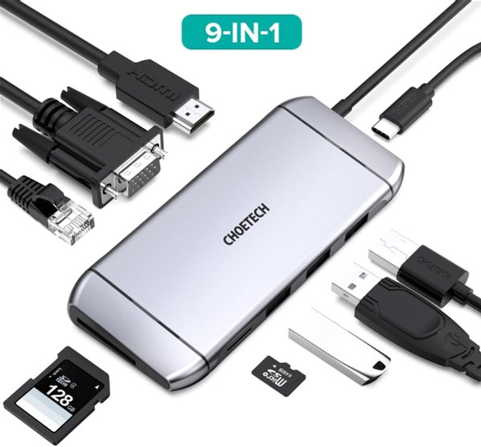Stacja dokująca Choetech USB-C 9-w-1 (HUB-M15-GY) - obraz 2