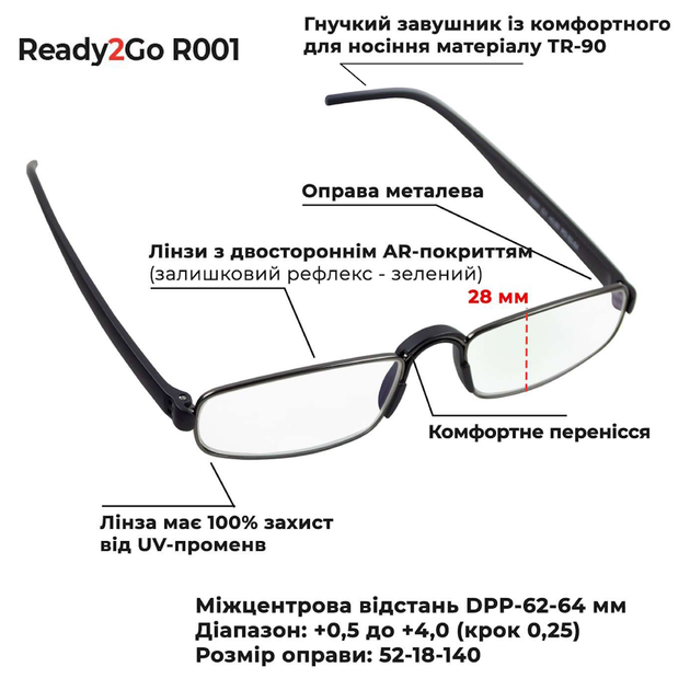 Очки Ready2Go R001 с AR покрытием в металлической оправе с гибкими дужками и жестким футляром диоптрия +2 - изображение 4