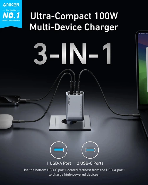 Ładowarka Anker GaNPrime Charger 100W 2xUSB-C PD 1xUSB-A Foldable Silver (A2688341) - Zdjęcie 2 Ładowarka Anker GaNPrime Charger 100W 2xUSB-C PD 1xUSB-A Foldable Silver (A2688341) - obraz 2