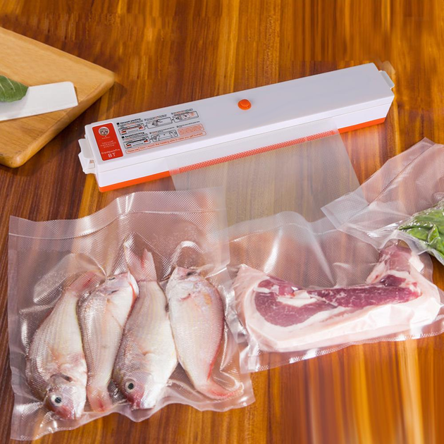 Вакуумный упаковщик для продуктов Vacuum F-packs Pro Вакууматор 90 Ватт Белый с Оранжевым + 20 пакетов 25х17см - изображение 14
