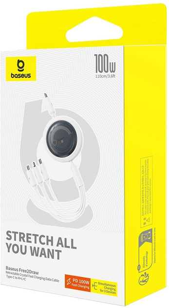 Kabel Baseus Free2Draw 3in1 USB Type-C - Lightning / USB Type-C / micro USB 1.1 m 100 W White (AT6932172656447) - obraz 7