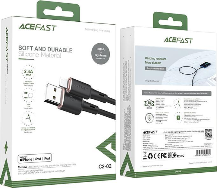 Kabel Acefast C2-02 USB Type-A do Lightning 1.2 m silicone zinc connectors Black (6974316280682) - obraz 4