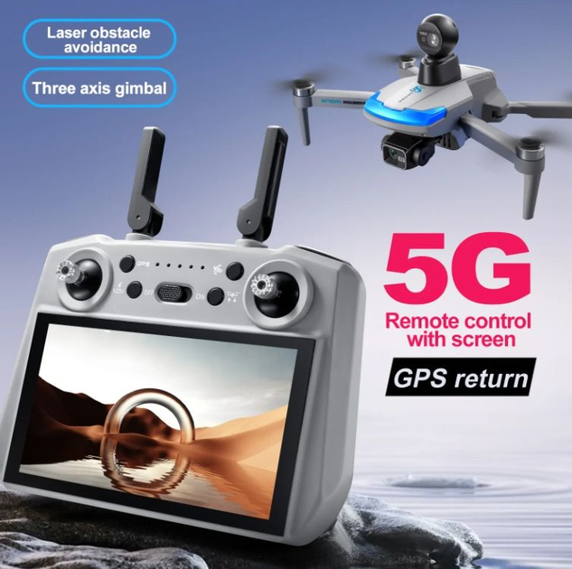 Квадрокоптер S185 с 3-осевым подвесом, GPS, экраном на пульте 7.2", FPV 5G, до 5000 м, лазерным обходом препятствий + кардридер - изображение 4