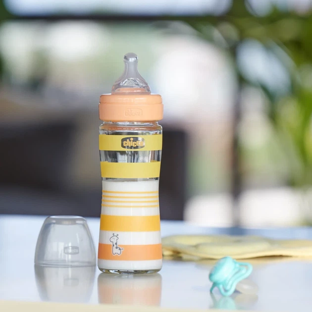 Бутылочка стекло Chicco Well-Being Colors, 240мл, соска силикон, 0м+ (Цвет Оранжевый) - изображение 2