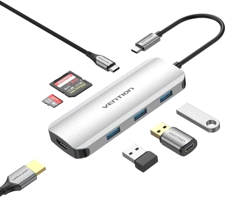 USB-хаб Vention USB-C to HDMI/USB 3.0x3/SD/TF/PD Docking Station Gray 0.15M Aluminum Alloy Type (TOJHB) - зображення 2