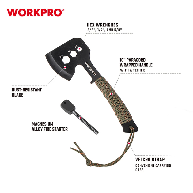 Топор туристический (паракорд) WORKPRO 254 мм PRO WP383002 - изображение 5