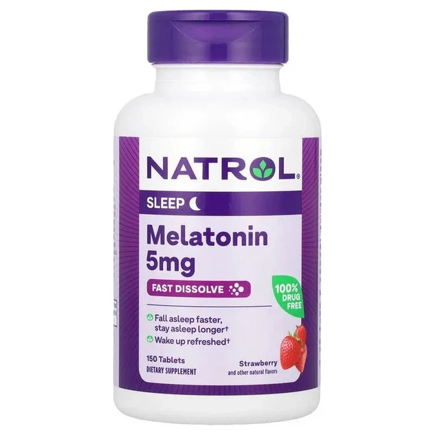 Мелатонін, швидкорозчинний, полуниця, Melatonin, Natrol, 5 мг, 150 таблеток - Фото 1 Мелатонін, швидкорозчинний, полуниця, Melatonin, Natrol, 5 мг, 150 таблеток - зображення 1