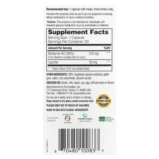 Берберин для метаболизма сахара в крови Berberine for Blood Sugar Metabolism Enzymedica, 60 капсул - Фото 2 Берберин для метаболизма сахара в крови Berberine for Blood Sugar Metabolism Enzymedica, 60 капсул - изображение 2
