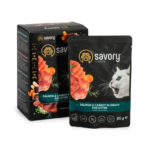 Набір паучів Savory Kitten, with Salmon and Carrot in Gravy "3+1" для кошенят, лосось із морквою у соусі, 85 г - зображення 3