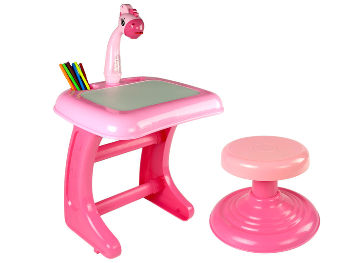 Stolik do rysowania z projektorem LEAN Toys Różowy z krzesełkiem, obrazkami i pisakami (5904204755238) - obraz 2