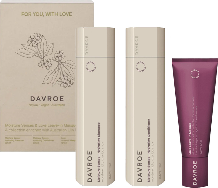 Увлажняющий набор для волос Davroe Moisture Senses Mothers Day Trio Pack 2025 Шампунь 352 мл + Кондиционер 325 мл + Несмываемая маска 150 мл (9326123012098) 
