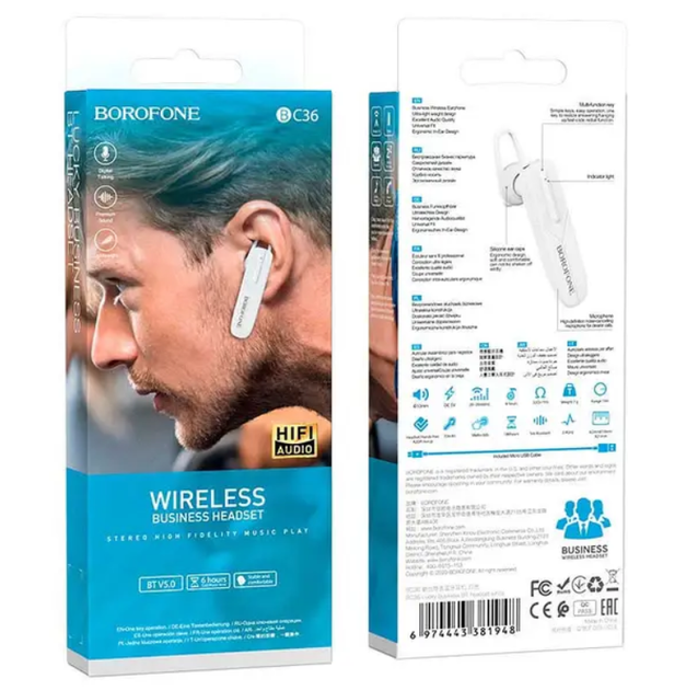 Bluetooth гарнитура Borofone BC36 Lucky Business Белый - Фото 2 Bluetooth гарнитура Borofone BC36 Lucky Business Белый - изображение 2