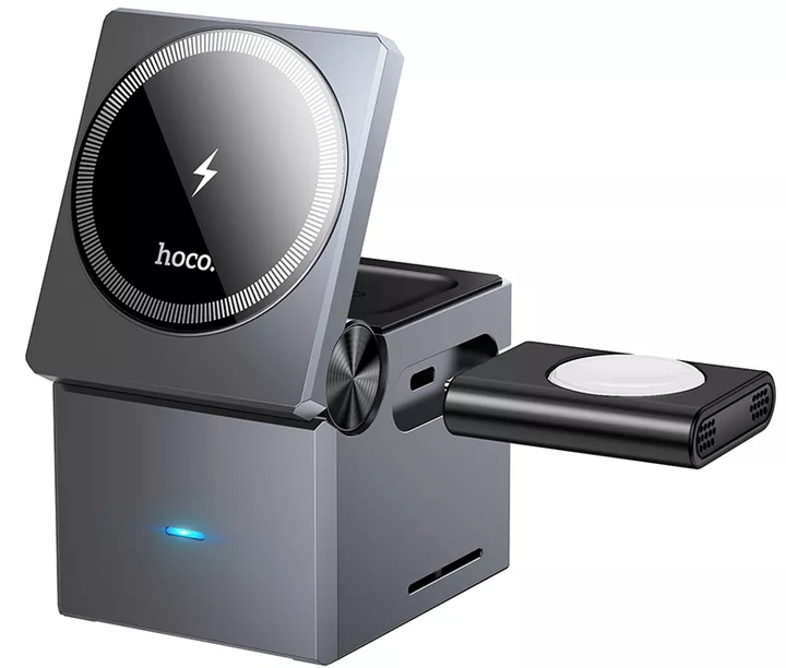Беспроводное зарядное устройство Hoco CQ8 folding 3-in-1 magnetic wireless fast charger Gray - Фото 1 Беспроводное зарядное устройство Hoco CQ8 folding 3-in-1 magnetic wireless fast charger Gray - изображение 1