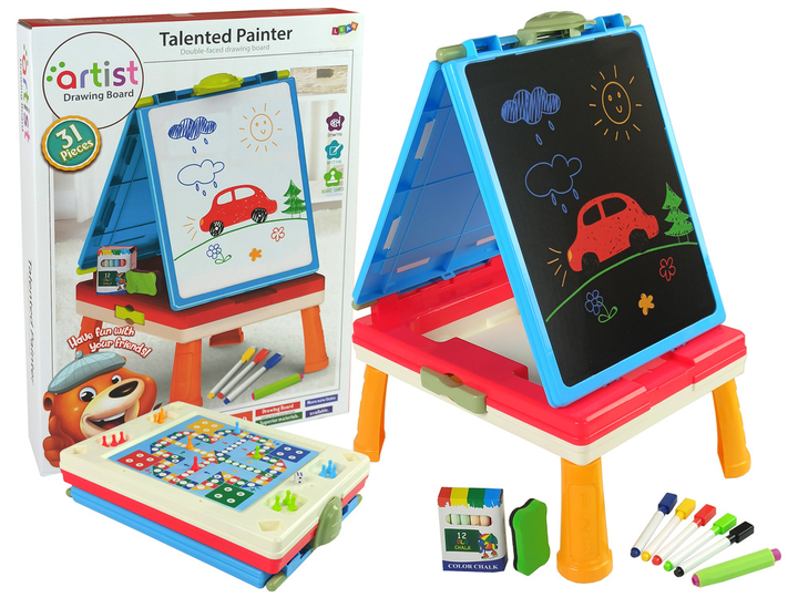 Stolik - tablica dwustronna do rysowania LEAN Toys 3w1, Niebieski, kreda, pisaki i gra (5904204754231) - obraz 1