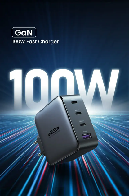 Мережевий зарядний пристрій UGREEN CD226 GaN 3xUSB-C+1xUSB 100W EU + cable 1.5m black(90575) - зображення 4