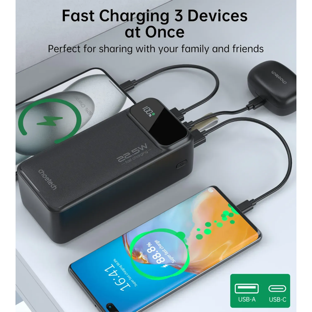 Универсальная мобильная батарея CHOETECH B731 PD22.5W 40000mAh с функцией быстрой зарядки и LED-дисплеем Black - Фото 5 Универсальная мобильная батарея CHOETECH B731 PD22.5W 40000mAh с функцией быстрой зарядки и LED-дисплеем Black - изображение 5