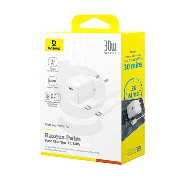 Сетевое зарядное устройство Baseus Palm Fast Charger 30W (1USB-C) + кабель Type-C to Type-C (P10111605113-01) (Moon White) (226899) - изображение 6