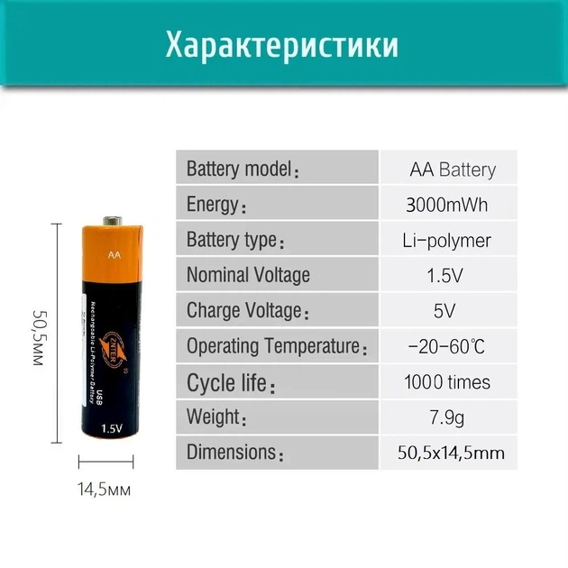Батарейки AA аккумуляторные Znter с разъемом USB Type-C на 1.5V/3000mWh - 4 ШТ. - изображение 8