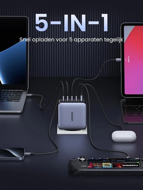 Зарядний пристрій UGREEN Nexode 100W GaN Fast Charger (x563), 5-Port, мережевий, PD3.0, QC4.0, USB 4C1A - зображення 7