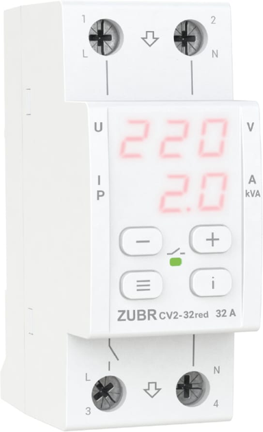 Реле напруги ZUBR CV2-32 red з контролем струму (32 А, 7 700 ВА) (4820120222689) - зображення 1