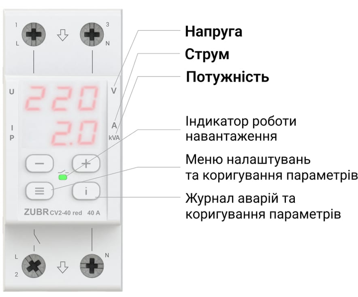 Реле напруги ZUBR CV2-32 red з контролем струму (32 А, 7 700 ВА) (4820120222689) - зображення 2