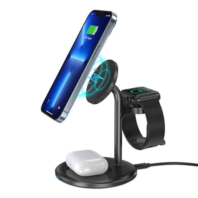 Бездротовий зарядний пристрій Choetech Magnetic 3 in 1 Magnetic Wireless Charging Stand Black (T585-F-BK) - зображення 3