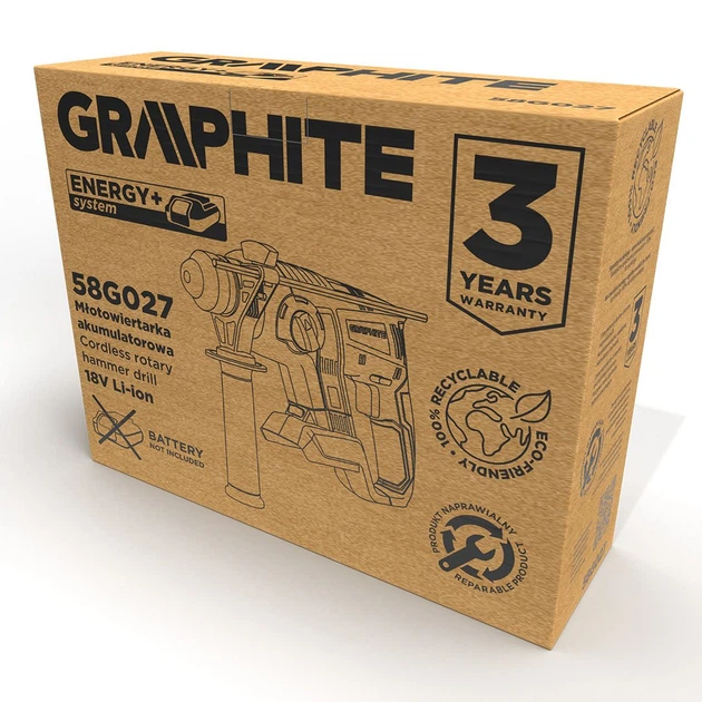 Перфоратор акумуляторний GRAPHITE Energy+ SDS-plus 18В 2.2Дж 2.26кг без АКБ та ЗП - Фото 12 Перфоратор акумуляторний GRAPHITE Energy+ SDS-plus 18В 2.2Дж 2.26кг без АКБ та ЗП - изображение 12