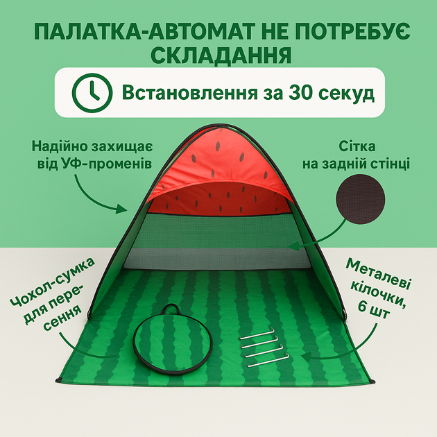 Пляжный тент палатка 3-х местная автоматическая (красный арбуз) 165x200x130 - изображение 3