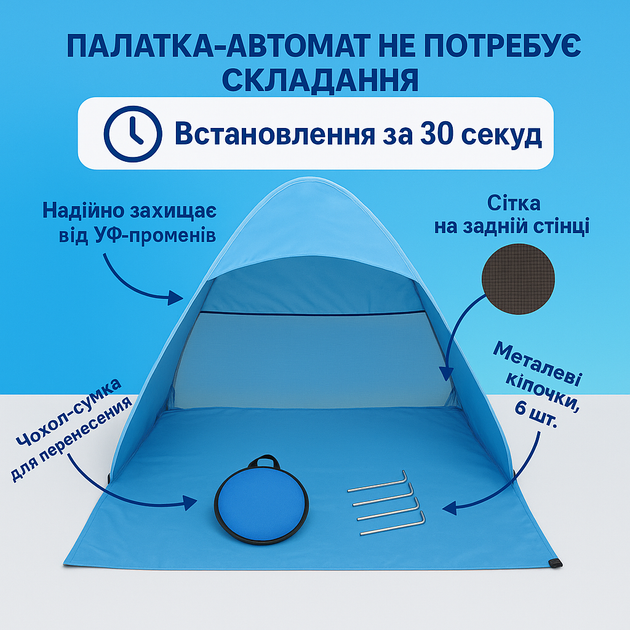 Пляжний тент намет 3-х місний автоматичний (блакитний) 165x200x130 - зображення 3