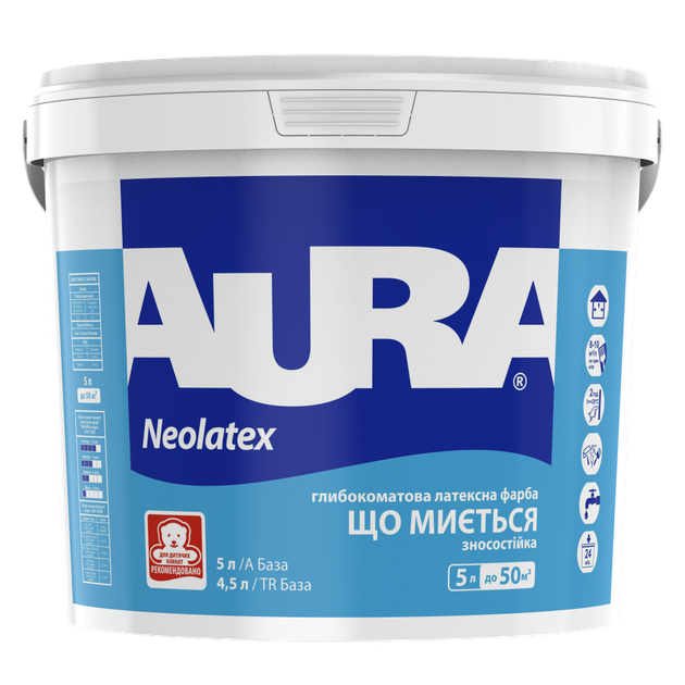 Краска латексная для стен и потолков Aura Neolatex глубокоматовая Белая 5 л - Фото 1 Краска латексная для стен и потолков Aura Neolatex глубокоматовая Белая 5 л - изображение 1