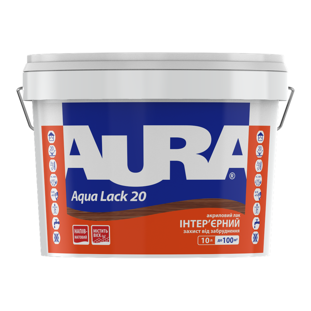 Лак панельный интерьерный Aura Aqua Lack 20 Бесцветный полуматовый 10 л - Фото 1 Лак панельный интерьерный Aura Aqua Lack 20 Бесцветный полуматовый 10 л - изображение 1