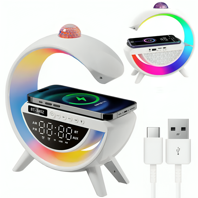 Умная аккумуляторная RGB лампа ночник с Bluetooth колонкой дискошаром беспроводной зарядкой 1200 мАч 23.5х9х23.8 см (480384-Prob) Белая - изображение 2