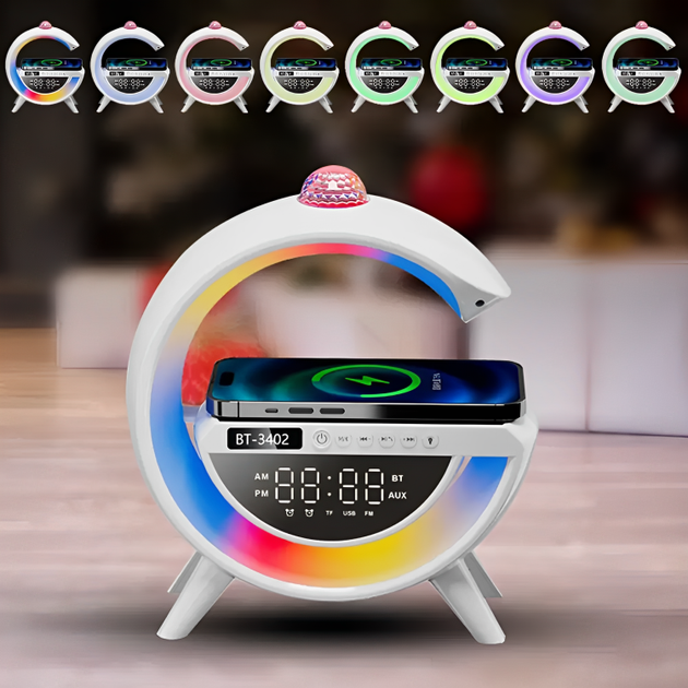 Умная аккумуляторная RGB лампа ночник с Bluetooth колонкой дискошаром беспроводной зарядкой 1200 мАч 23.5х9х23.8 см (480384-Prob) Белая - изображение 5