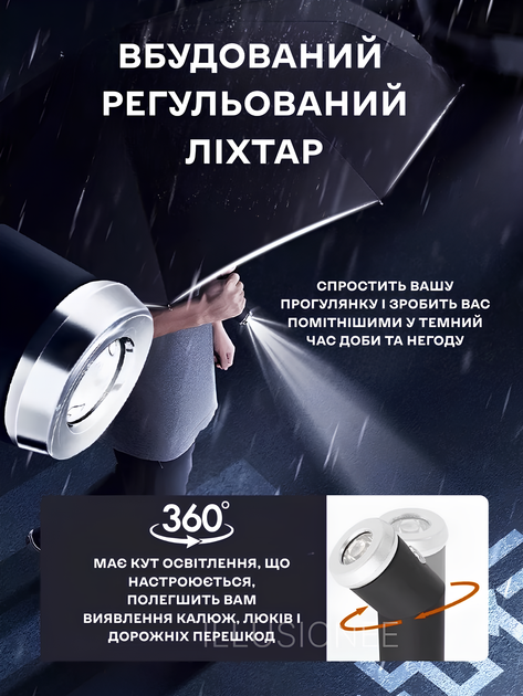 Зонт автомат зонтик с LED фонариком светоотражающей лентой 10 спиц складной компактный ветрозащитный зонты с прочным механизмом антиветер мужской женский автоматический удобный от дождя для сумки путешествий дороги прогулок дорожный черный 3DTOYSLAMP - изображение 5
