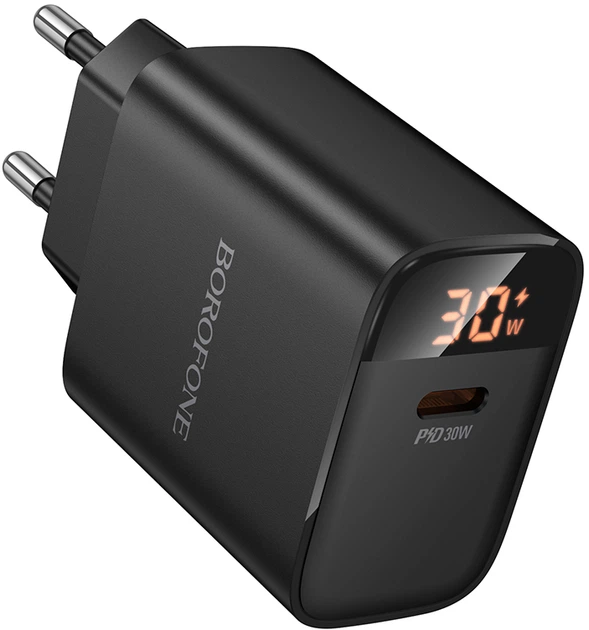 Сетевое зарядное устройство Borofone BA97A Ilustre single-port PD30W charger with digital display EU Black (6941991120480) - изображение 3